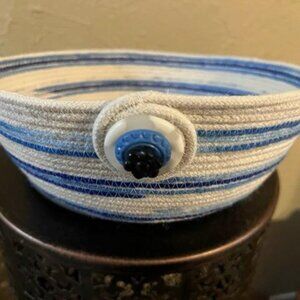 Handmade Ivory Blue Striped Rope Basket Bowl 9"x3.25" for Makeup Jewelry Remotes